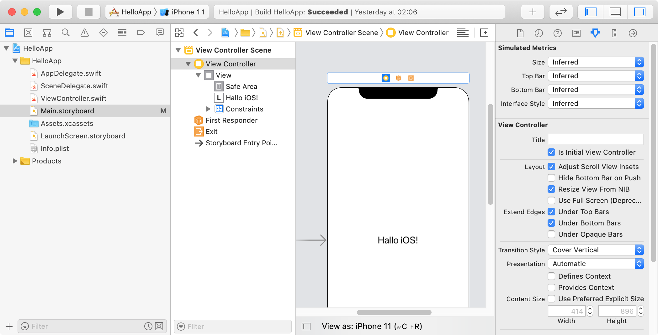 Einstellung im Storyboard: Initial View Controller