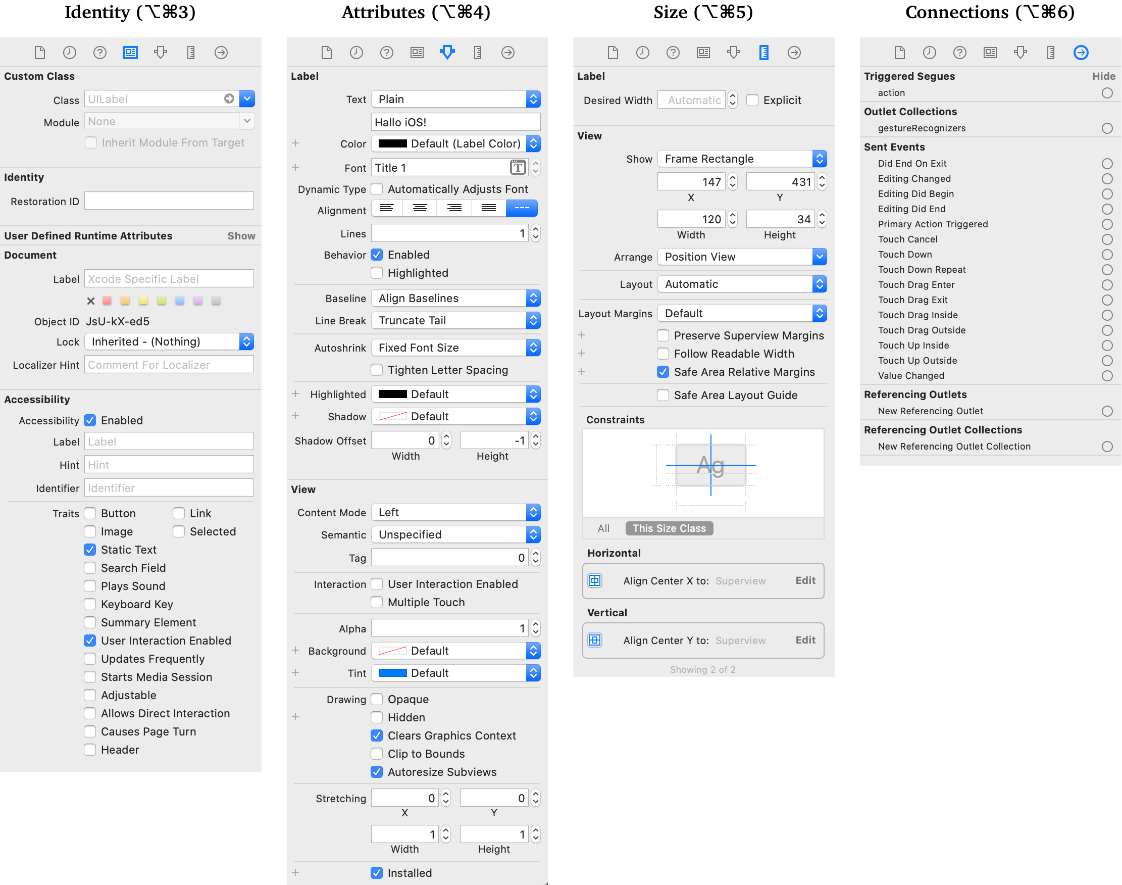 Storyboard: Inspector-Paletten Identity, Attributes, Size, Connections