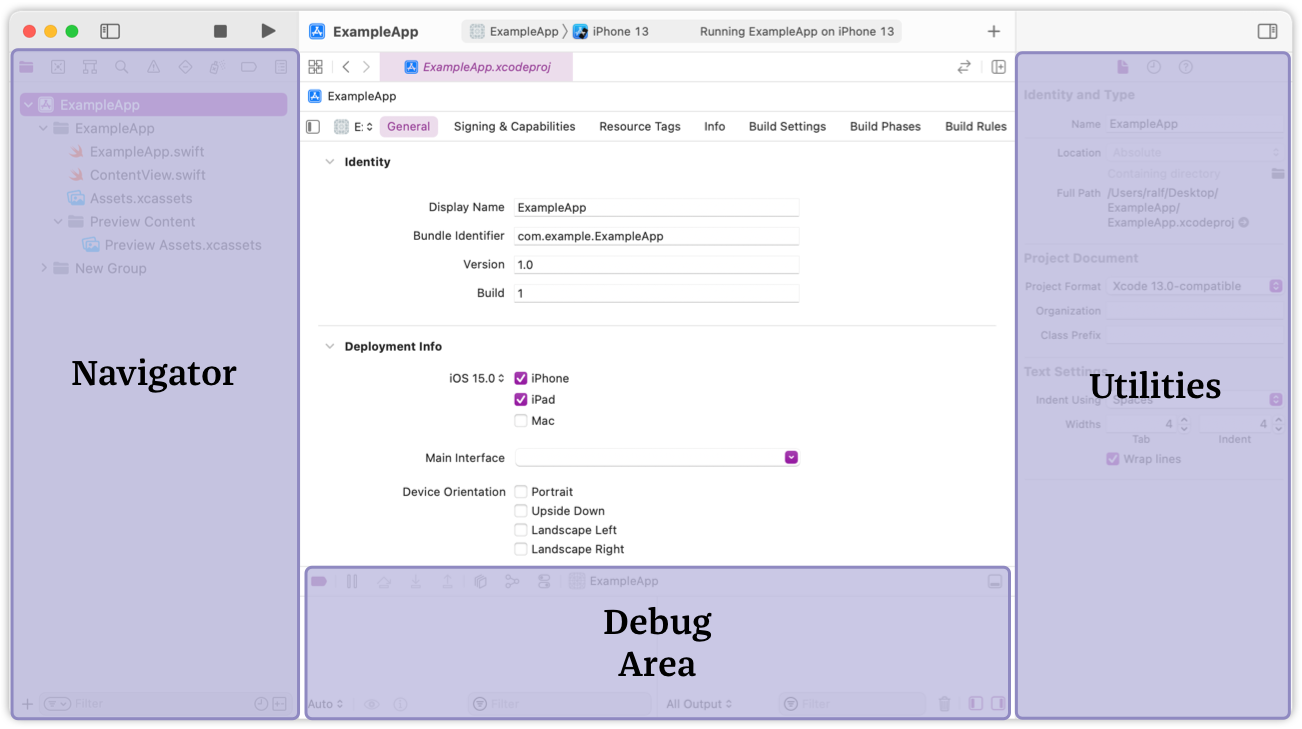 Xcode: Navigator, Debug Area, Utilities